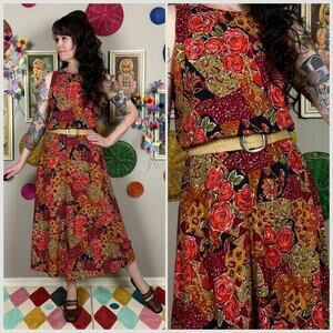 Vintage 1980s Sleeveless Floral and Patchwork Print Belted Midi Dress